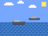 Pixel-art scene: smuggling vessel stopped at sea