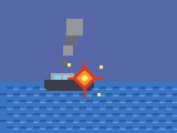 Pixel-art scene: vessel struck and destroyed at sea