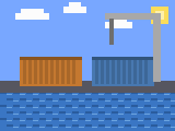 Pixel-art scene: container traffic searched at a port